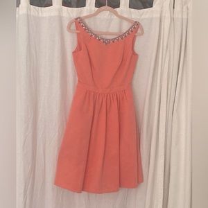 David’s Bridal peach mini cutout dress with beadwork